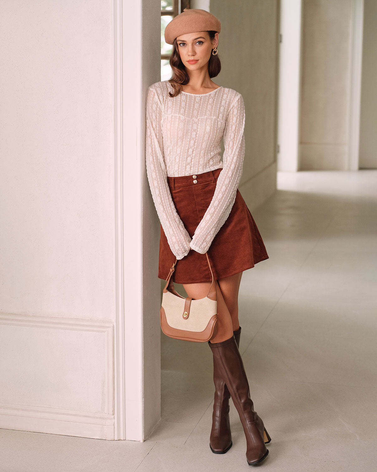 Brown Retro Corduroy A-Line Mini Skirt