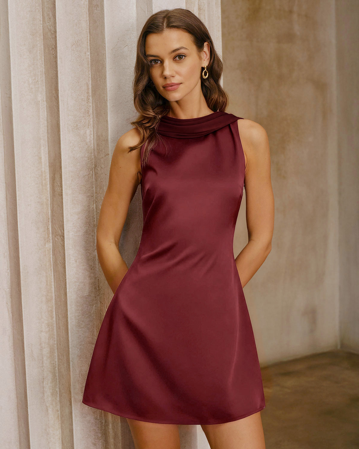 Wine Red Satin Cowl Neck Backless Mini Dress